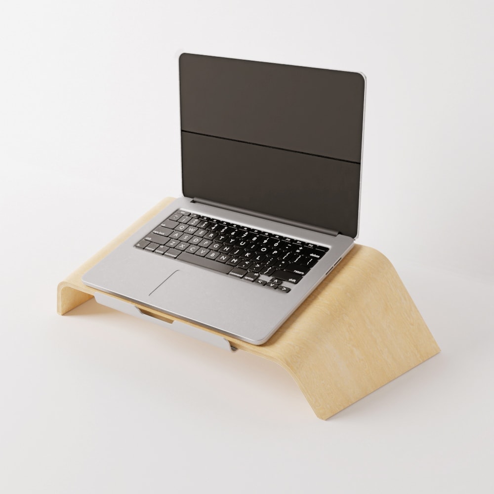 Base curvo de madera para notebook, vista en ángulo frontal-lateral